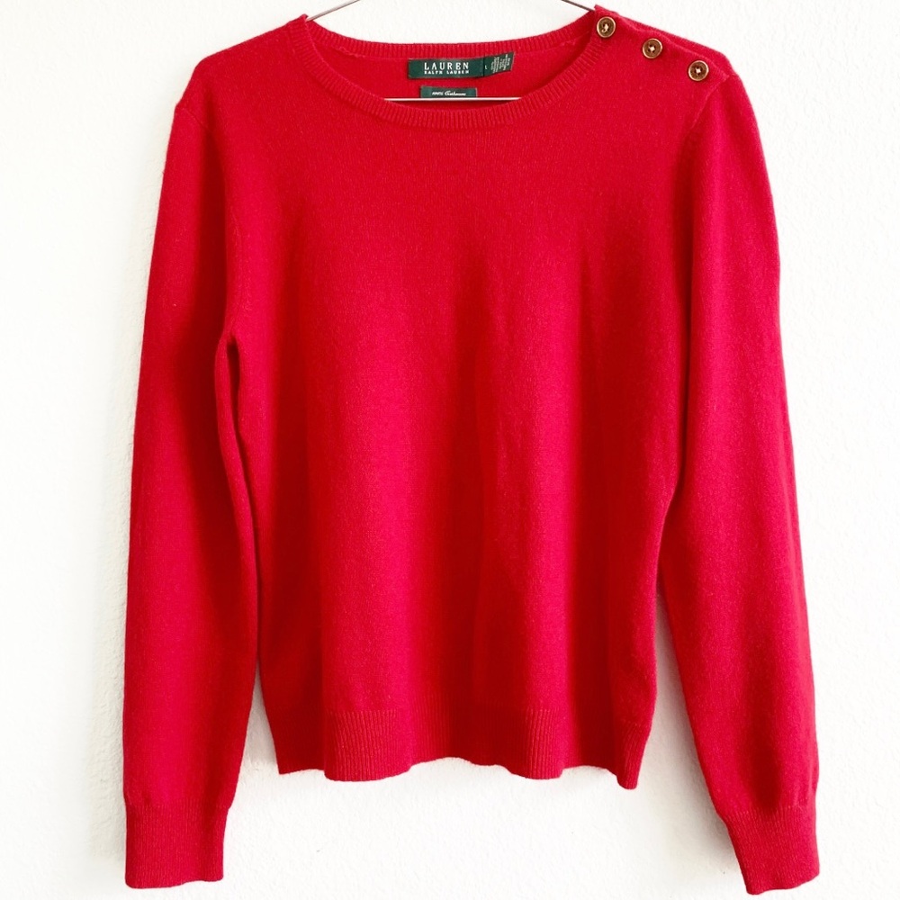 LAUREN RALPH LAUREN cashmere button shoulder jumper pullover sweater red Large